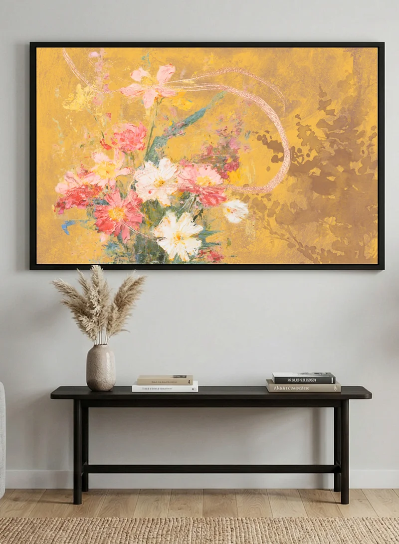 LOWHA Canvas Wall Art Stretched Over Wooden Frame with Black Floating Frame and Colorful Flowers Abstract Design