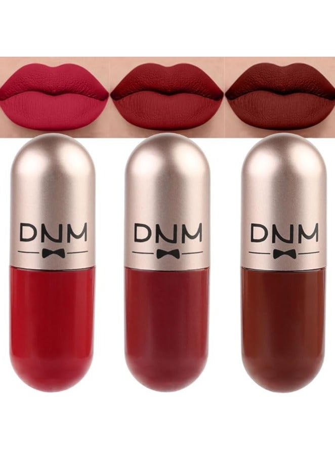 دي ان ام مجموعة كبسولات أحمر شفاه سائلة غير لامعة صغيرة من 3 قطع للنساء بلون بني فاتح وأحمر وردي داكن وأحمر شفاه يدوم طويلاً ومقاوم للماء بلون مات 05 - Image 1