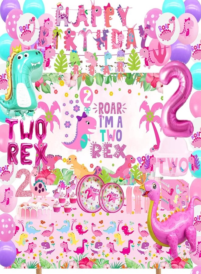 BEOXAGAR Two Rex Pink Dinosaur Birthday Party Decorations for Girls - 2nd Birthday Supplies - Image 1