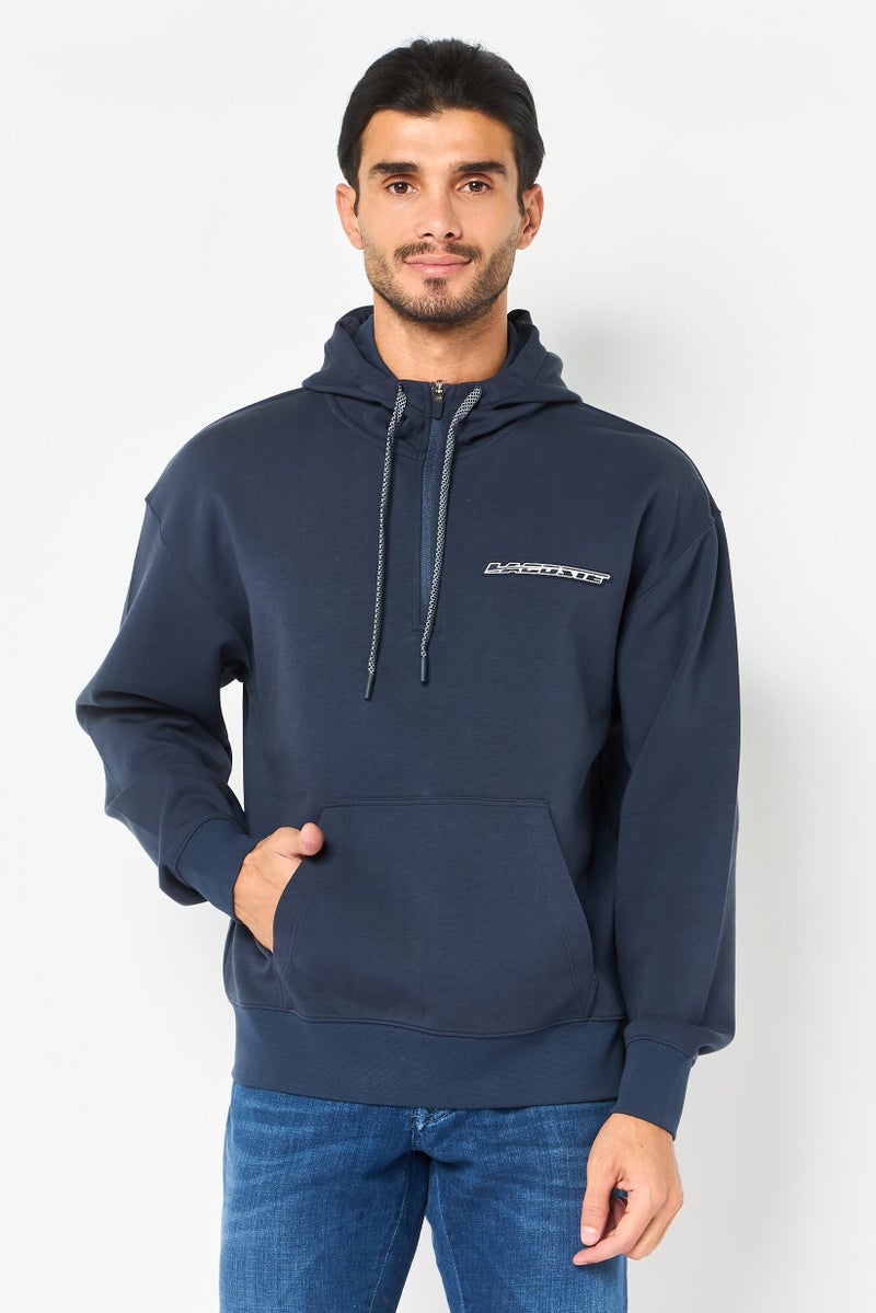 LACOSTE Men Loose Fit Brand Logo Long Sleeve Hoodie, Navy - Image 1
