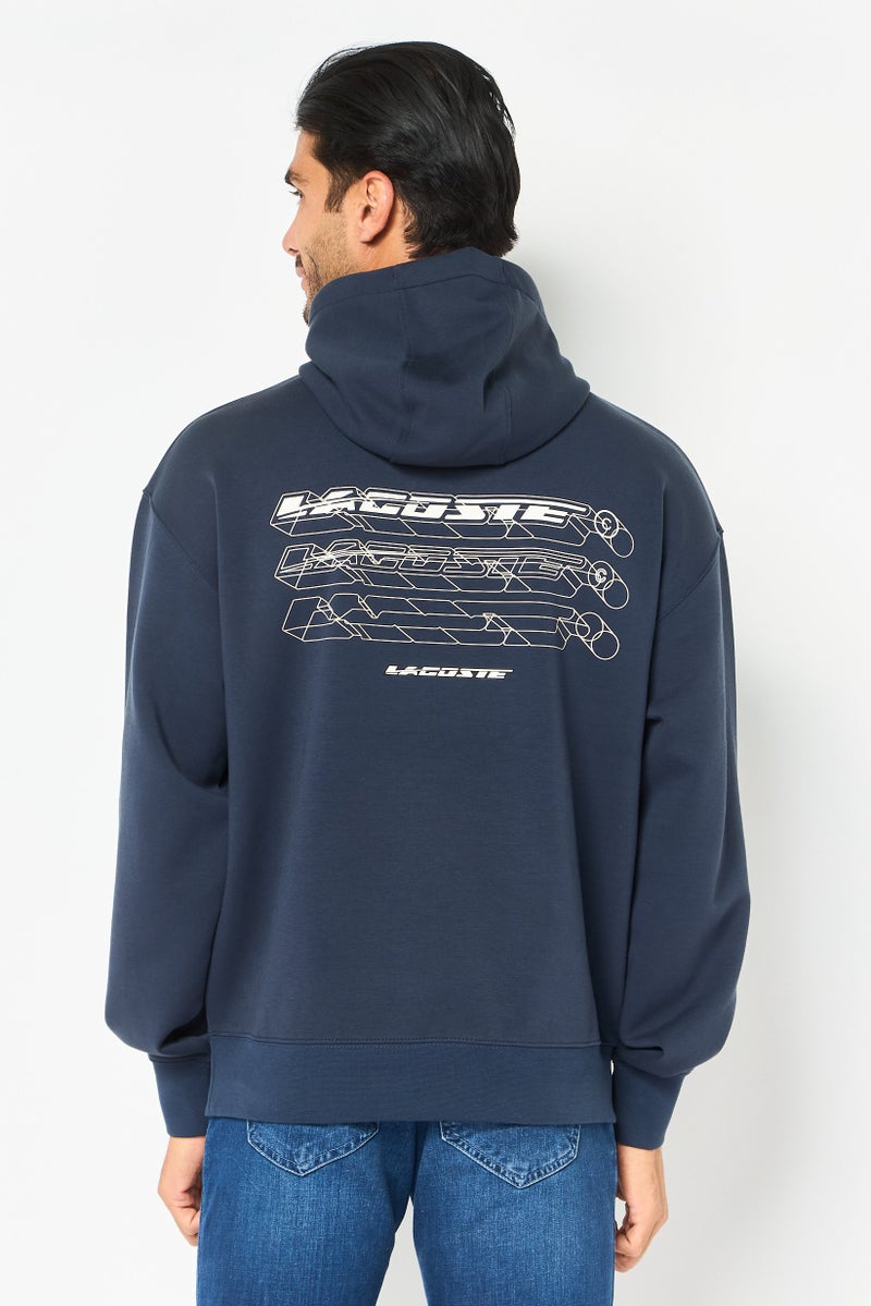 LACOSTE Men Loose Fit Brand Logo Long Sleeve Hoodie, Navy - Image 4