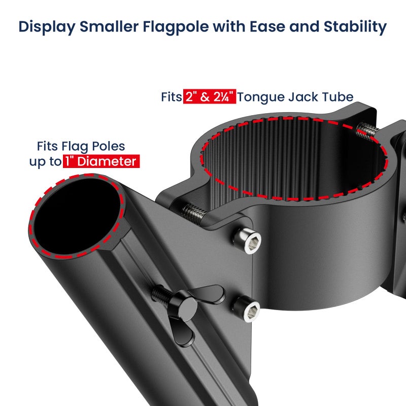 Safoner RV Dual Flag Pole Mount for Trailer Tongue Jack, Aluminum Flag Holder with Wing Screw Locking, For Flagpoles Up to 1'', Fits 2" & 2Â¼" Jack Tube, RV Essential Accessoires - Image 4