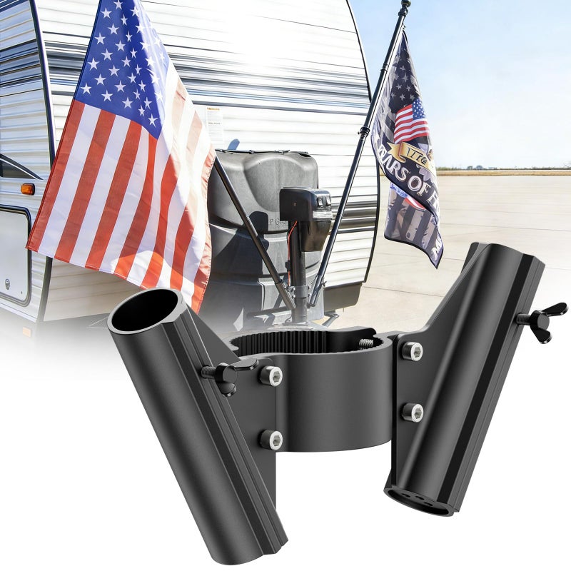 Safoner RV Dual Flag Pole Mount for Trailer Tongue Jack, Aluminum Flag Holder with Wing Screw Locking, For Flagpoles Up to 1'', Fits 2" & 2Â¼" Jack Tube, RV Essential Accessoires - Image 1