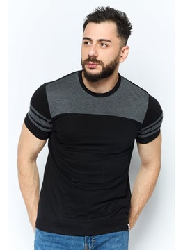Men Crew Neck Short Sleeves Two Tone T-Shirt, Black