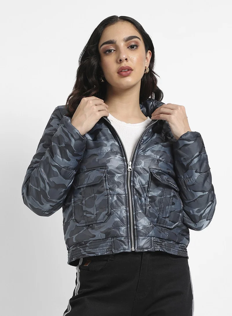 Campus Sutra Women's Blue Camouflage Jacket With Flap Pockets