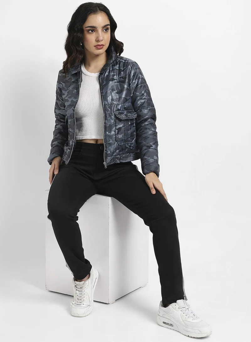 Pinacolada  Women's Blue Camouflage Jacket With Flap Pockets for Women | Best Price UAE
