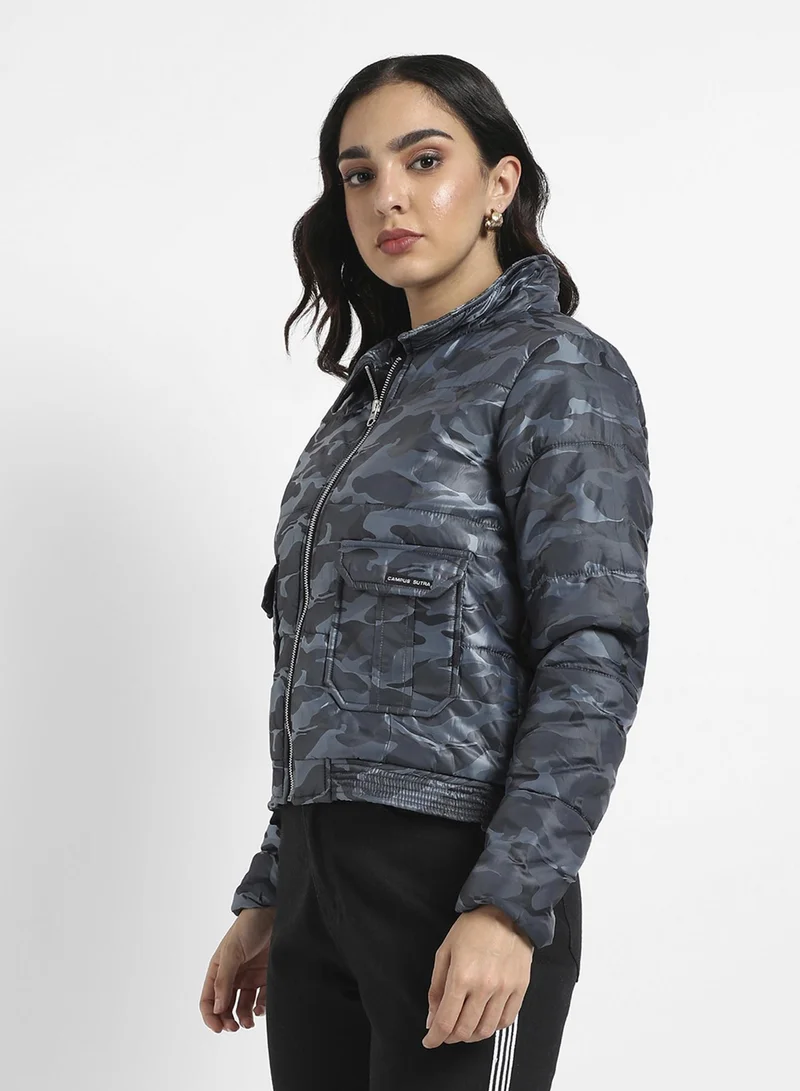 Pinacolada  Women's Blue Camouflage Jacket With Flap Pockets for Women | Best Price UAE