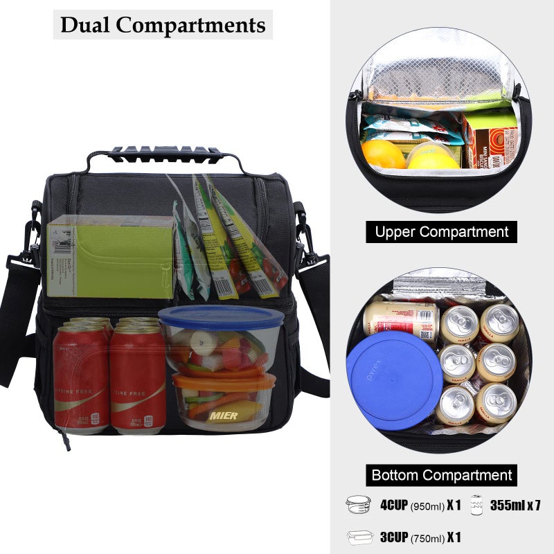 MIER Dual Compartment Lunch Bag Tote with Shoulder Strap for Men and Women Insulated Leakproof Cooler Bag, Black - Image 2