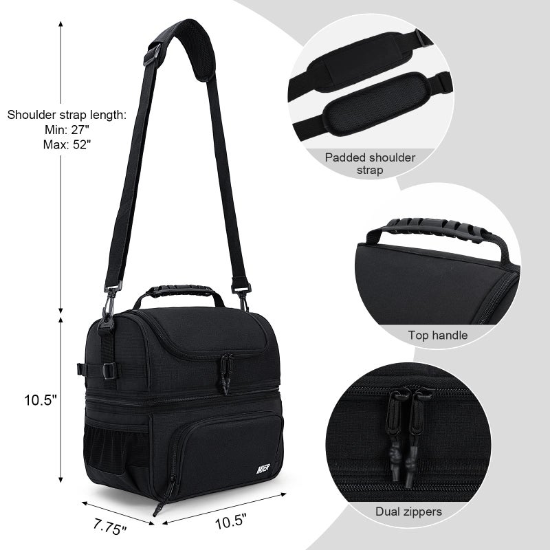 MIER Dual Compartment Lunch Bag Tote with Shoulder Strap for Men and Women Insulated Leakproof Cooler Bag, Black - Image 4