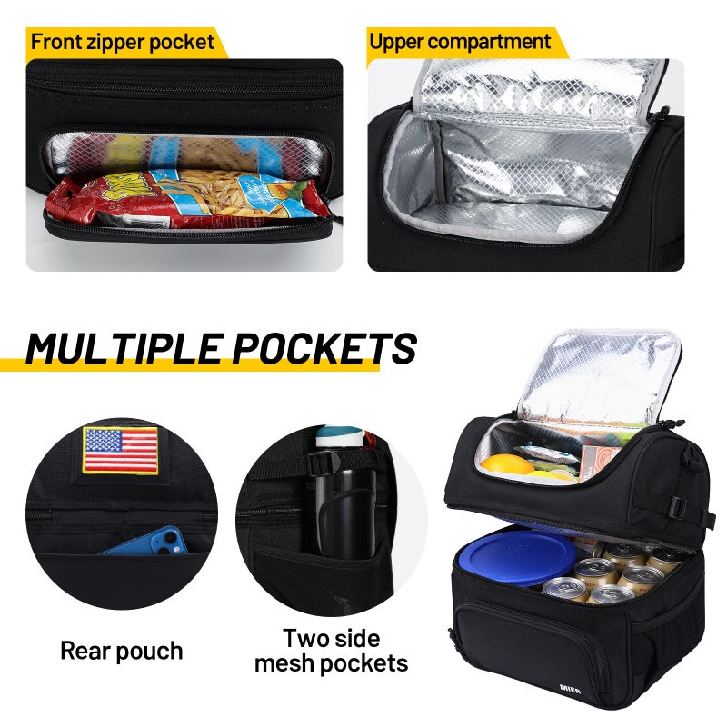 MIER Dual Compartment Lunch Bag Tote with Shoulder Strap for Men and Women Insulated Leakproof Cooler Bag, Black - Image 3