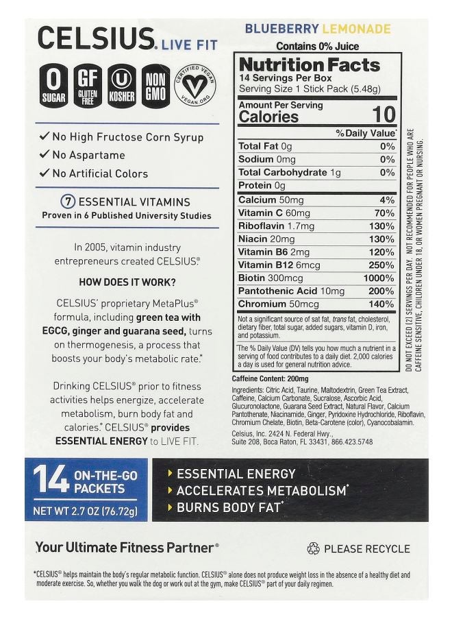 CELSIUS عصير الليمون بالتوت الأزرق لايف فيت 14 عبوة جاهزة 0.19 أونصة (5.48 جرام) لكل منها - Image 2
