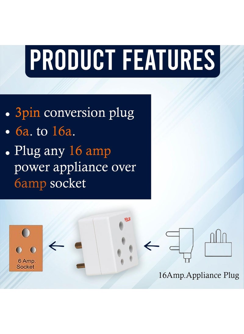 Mica MICA 6 amp to 16 amp Ceramic Inside Solid 3 Pin Conversion Plug Qty 1 White and MICA 3 Pin Universal Travel Adapter Conversion Plug Qty 1 White Pack of 2  - Image 2