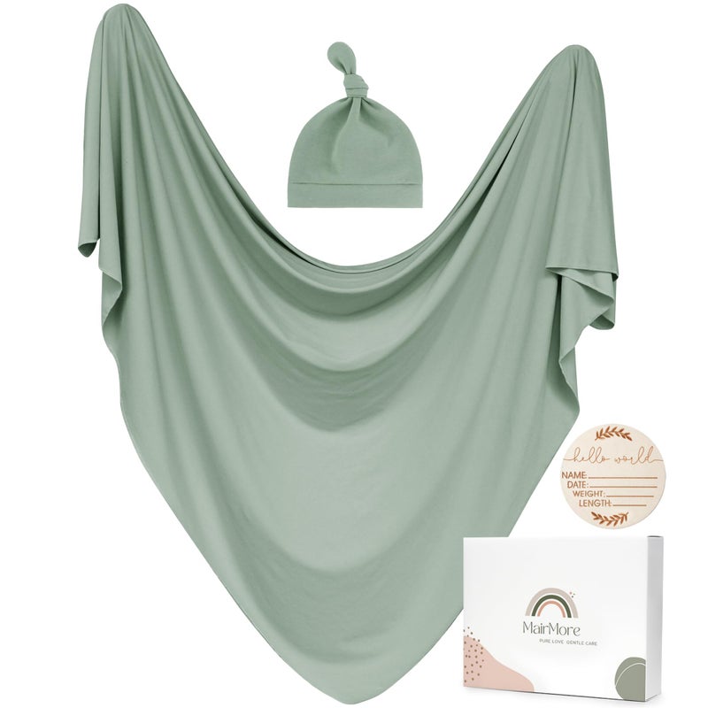 MairMore MairMore Baby Swaddle Receiving Blankets with Matching Beanie Set Newborn Nursery Swaddle Wrap for Baby Girls and Boys Green