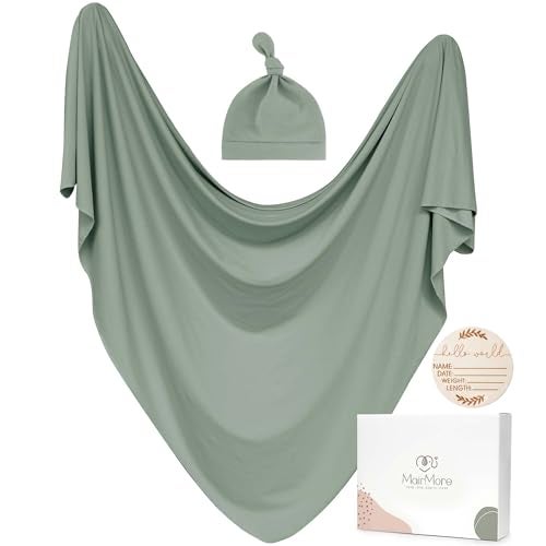 MairMore Baby Swaddle Receiving Blankets with Matching Beanie Set Newborn Nursery Swaddle Wrap for Baby Girls and Boys Green - Image 1