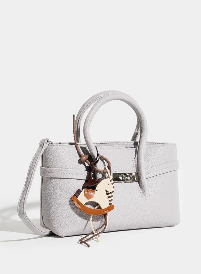 ستايلي Grey Textured Horse Charm Tote Bag