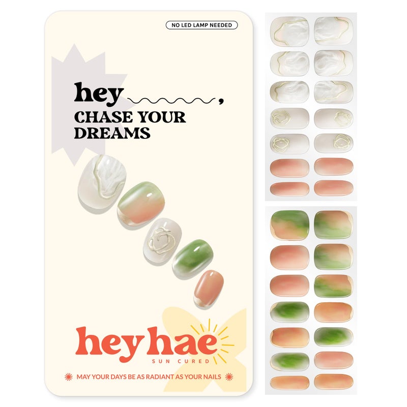 Heyhae Semi Cured Gel Nail Strips | No LED Lamp Needed | Marble, Glitter, Spring | Easy Apply & Remove, Salon Quality |Includes 28 Strips, 1 Prep Pads, Nail File & Wooden stick- Hey, Chase Your Dreams - Image 1