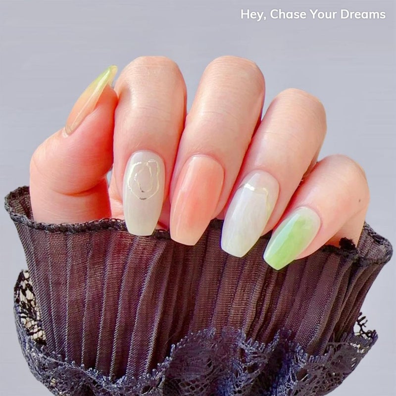 Heyhae Semi Cured Gel Nail Strips | No LED Lamp Needed | Marble, Glitter, Spring | Easy Apply & Remove, Salon Quality |Includes 28 Strips, 1 Prep Pads, Nail File & Wooden stick- Hey, Chase Your Dreams - Image 2