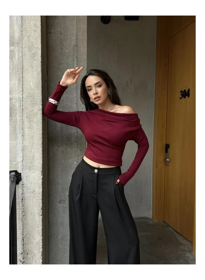 mina aise Women's Maroon Long Sleeve Low Shoulder Blouse 30079.