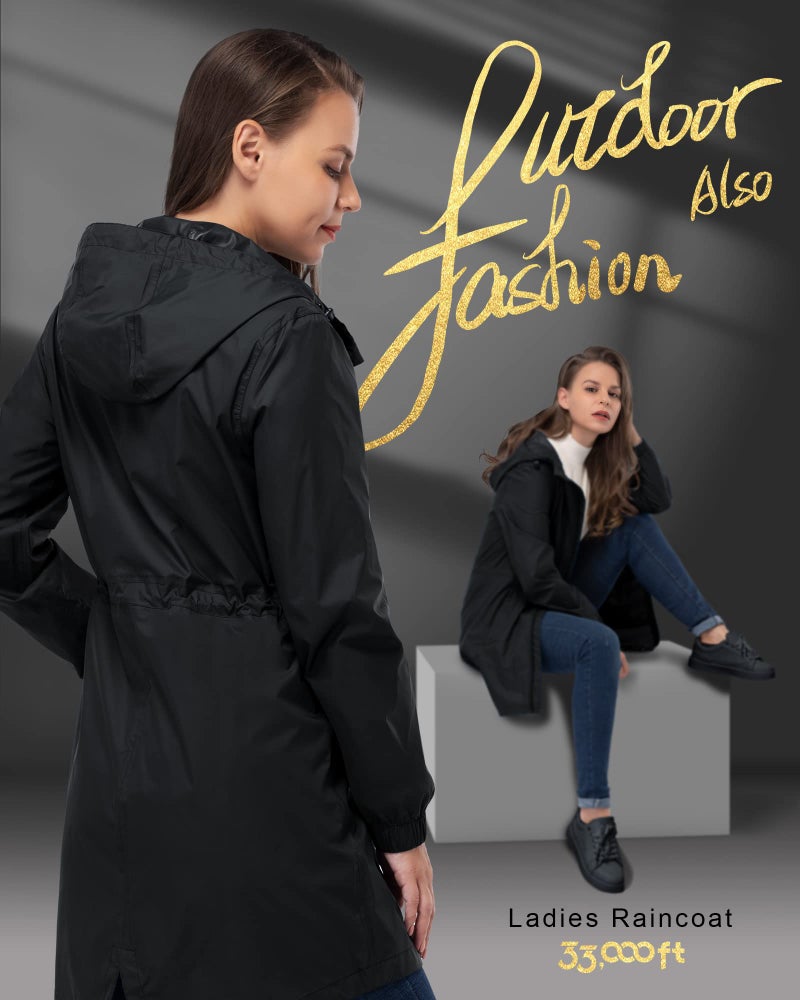 33,000ft Women's Waterproof Long Rain Coats Packable Rain Jacket with Hood Trench Coats Windbreaker - Image 5
