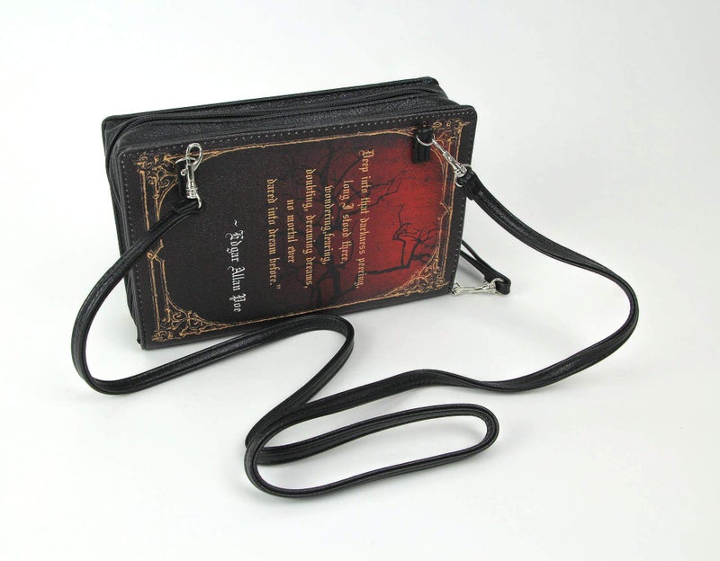Things2Die4 The Raven Book-Shaped Novelty Clutch Purse in Black Vinyl - Comes With Wrist Strap - A Gothic Crossbody Handbag Inspired by Edgar Allan Poe's Enigmatic Tale - Image 2