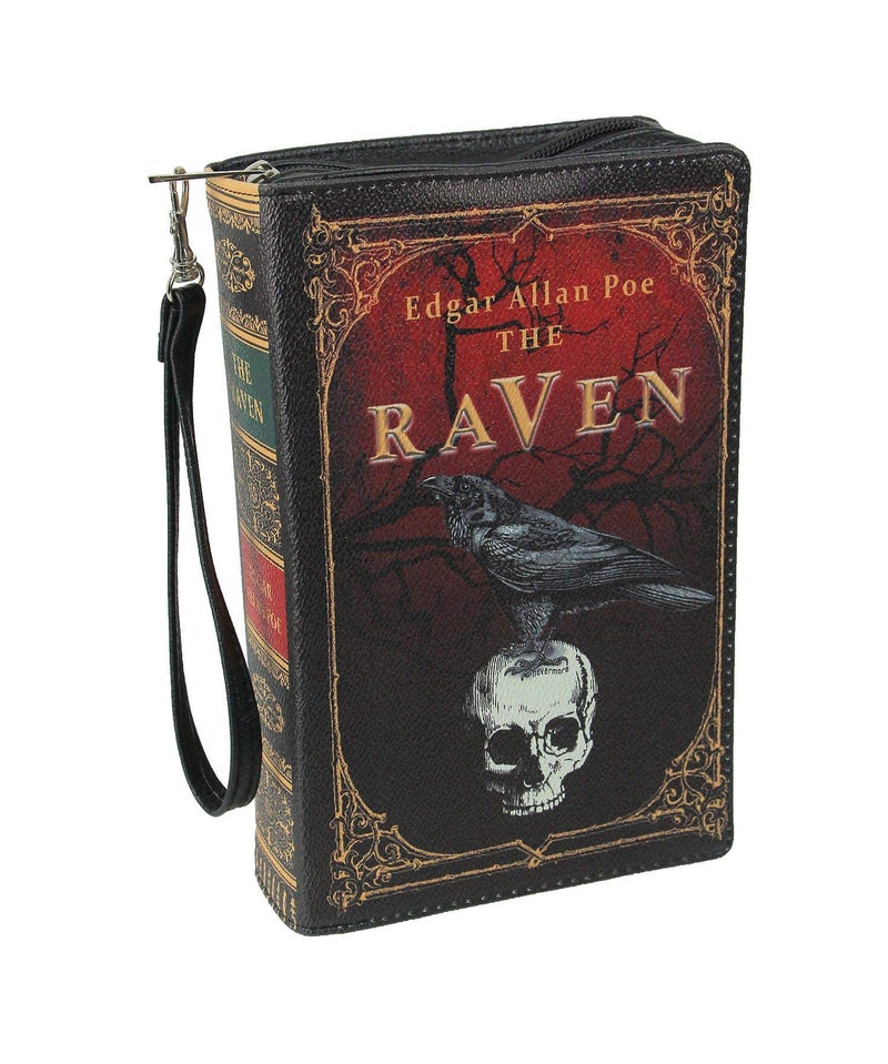 Things2Die4 The Raven Book-Shaped Novelty Clutch Purse in Black Vinyl - Comes With Wrist Strap - A Gothic Crossbody Handbag Inspired by Edgar Allan Poe's Enigmatic Tale - Image 1