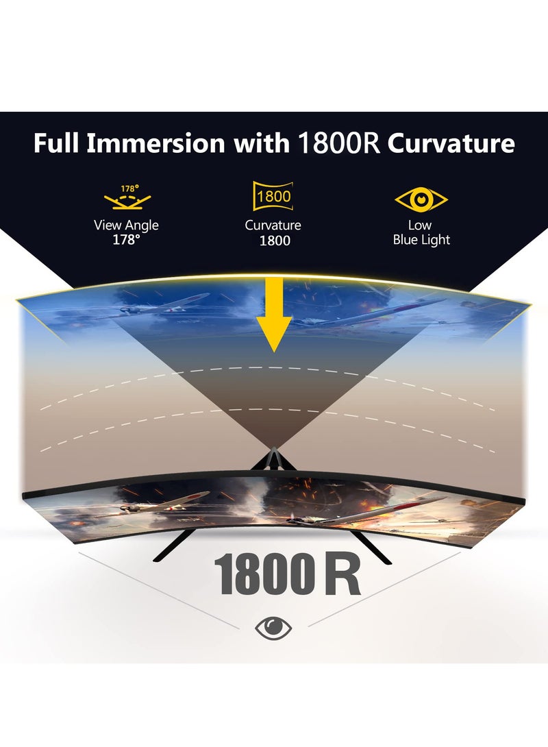 فلاشهوك شاشة ألعاب منحنية مقاس 24 بوصة، شاشة كمبيوتر شخصي منحنية بدقة FHD 1080P بمعدل تحديث 75 هرتز، 1800R، زمن استجابة 1 مللي ثانية، سطوع 250 شمعة، 16.7 مليون لون، إطار بدون إطار، منفذ HDMI واحد ومنفذ VGA واحد - Image 4