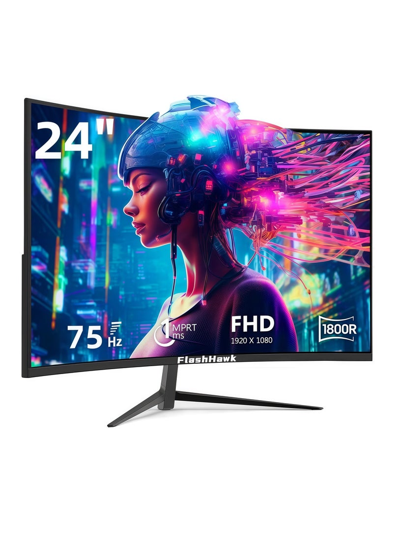 فلاشهوك شاشة ألعاب منحنية مقاس 24 بوصة، شاشة كمبيوتر شخصي منحنية بدقة FHD 1080P بمعدل تحديث 75 هرتز، 1800R، زمن استجابة 1 مللي ثانية، سطوع 250 شمعة، 16.7 مليون لون، إطار بدون إطار، منفذ HDMI واحد ومنفذ VGA واحد - Image 1