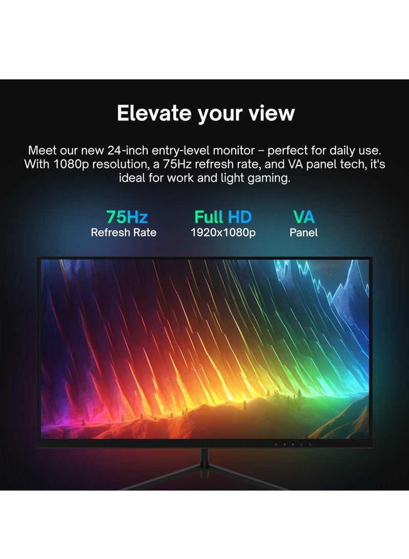 فلاشهوك شاشة ألعاب منحنية مقاس 24 بوصة، شاشة كمبيوتر شخصي منحنية بدقة FHD 1080P بمعدل تحديث 75 هرتز، 1800R، زمن استجابة 1 مللي ثانية، سطوع 250 شمعة، 16.7 مليون لون، إطار بدون إطار، منفذ HDMI واحد ومنفذ VGA واحد - Image 2