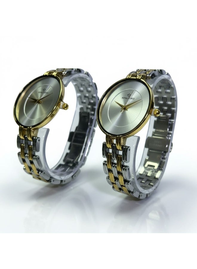 ROYAL FORCE ELARA DUO RF2502 Couple Watches – Luxury His & Hers Stainless Steel Watch Set, Gold & Silver Two-Tone Bracelet, Minimal Dial, Quartz Movement, Elegant Gift for Men & Women - Image 3