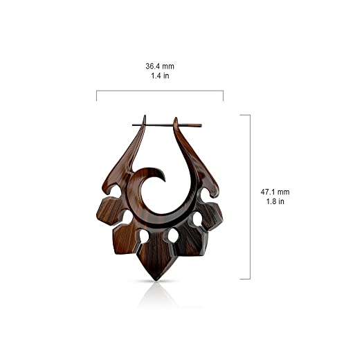Pierced Owl Pair of Organic Hand Carved Sono Wood Tribal Ornament Stirrup Hanger Earrings - Image 2