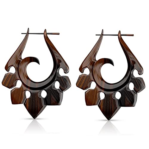 Pierced Owl Pair of Organic Hand Carved Sono Wood Tribal Ornament Stirrup Hanger Earrings - Image 1