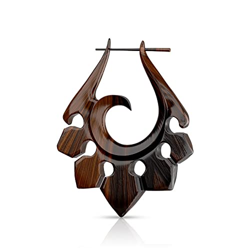 Pierced Owl Pair of Organic Hand Carved Sono Wood Tribal Ornament Stirrup Hanger Earrings - Image 3