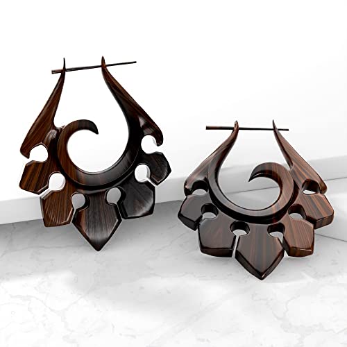 Pierced Owl Pair of Organic Hand Carved Sono Wood Tribal Ornament Stirrup Hanger Earrings - Image 4