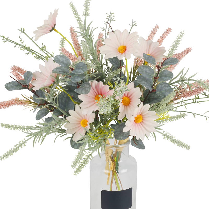 HO2NLE 2 Bundles Artificial Daisy Flowers Fake Flowers Bouquet Faux Silk Flower with Eucalyptus Stem for Home Table Centerpieces Party Indoor Decor Pink