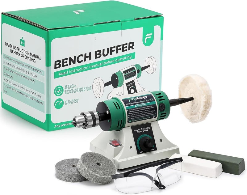 Flyrivergo Bench Buffer Polisher, Jewelry Polisher, Adjustable Variable Speed Bench Buffer, with 2 Cotton Wheels, 2 Fiber Wheels, 1 Drill Chuck and 1 Set of Polishing Buffing Wheel for Silver, Metal - Image 1