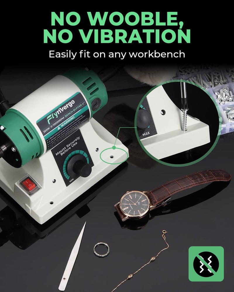 Flyrivergo Bench Buffer Polisher, Jewelry Polisher, Adjustable Variable Speed Bench Buffer, with 2 Cotton Wheels, 2 Fiber Wheels, 1 Drill Chuck and 1 Set of Polishing Buffing Wheel for Silver, Metal - Image 5
