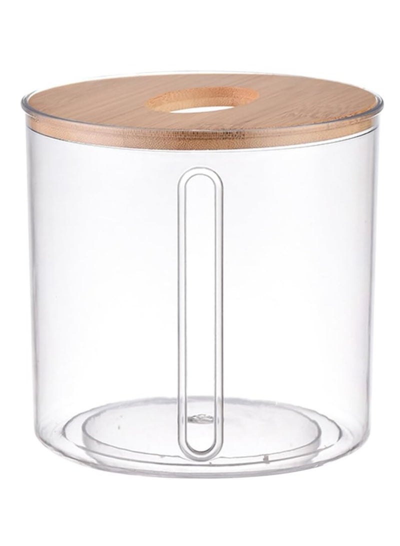 KASTWAVE Tissue Box Cover Holder, Round Wooden Tissue Holder, Facial Tissue Holder Case Dispenser, with Wood Lid for Bathroom Vanity Countertops, Bedroom Dressers, Night Stands, Desks and Tables, Clear - Image 1