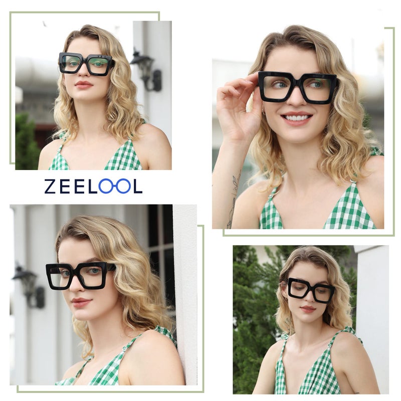 Zeelool Stylish Acetate Thick Oversized Square Eyeglasses Frame for Women with Non-prescription Clear Lens Brandon VFP0306-02 Black - Image 2