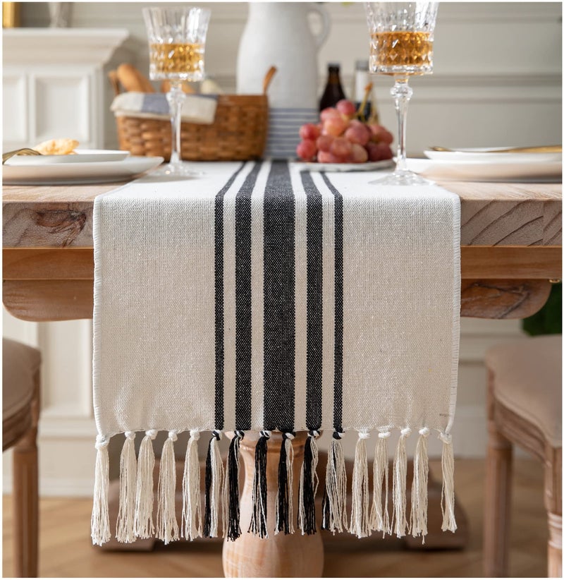 Boho Table Runner for Modern Farmhouse Decor Dining Table dcor 13 x 90 Inch Long Coffee Table Runner with Handcrafted Tassels Black and Beige for Home Bohemian Decoration