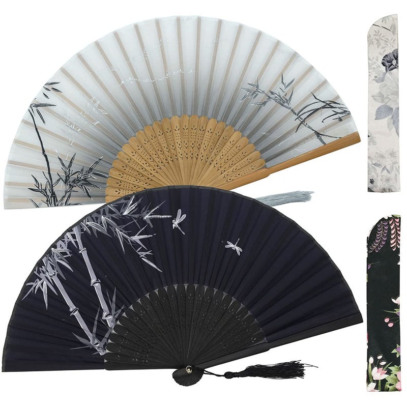 Leehome Small Folding Hand Fans for Women Chinese Japanese 2pcs Vintage Bamboo Silk Fans  for Dance Music Festival Wedding Party DecorationsGift Gray  Black Bamboo