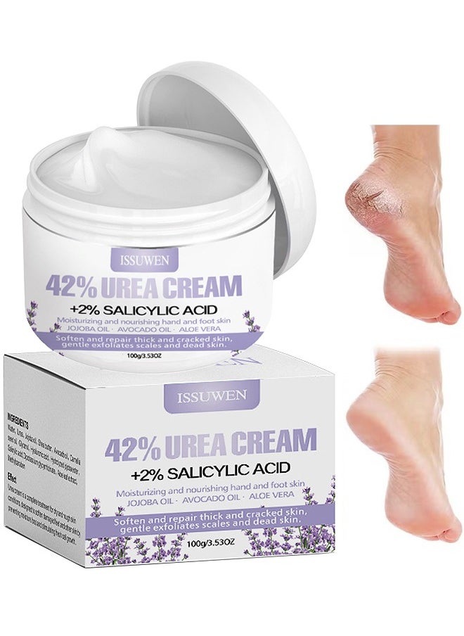 ISSUWEN Urea Cream 42%+Salicylic Acid 2%, Foot Cream For Dry Cracked Heels Knees Elbows Hands Repair Treatment, Foot Moisturizer Corn Callus Dead Skin Remover Toenail Softener For Foot Care, Lavender Flavor  - Image 1