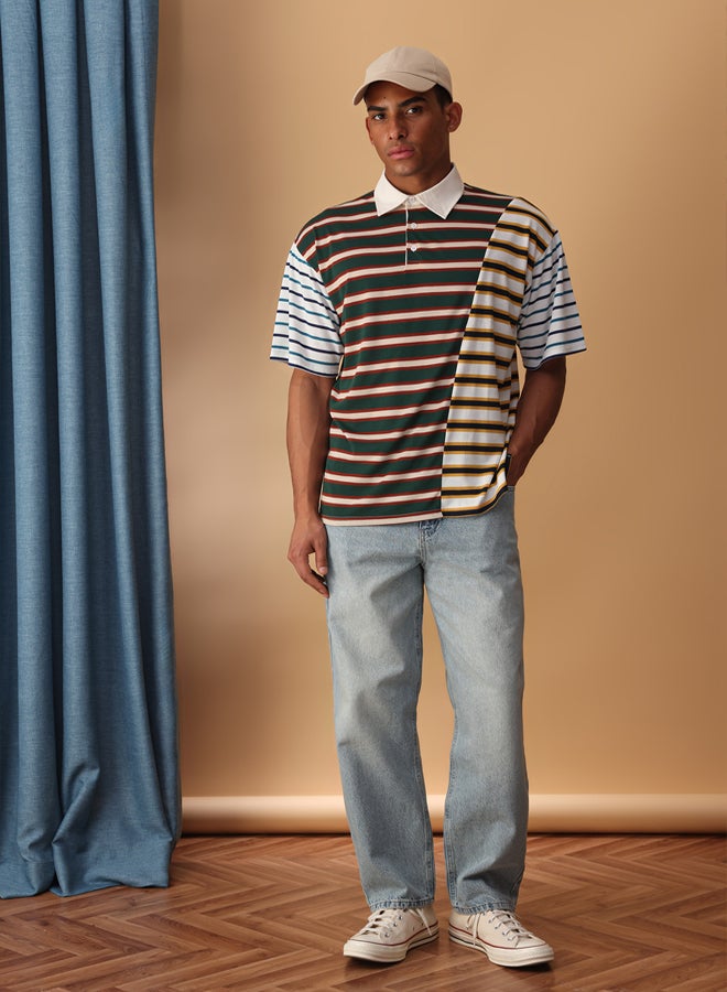 trendyol Multi Color Oversize/Wide Cut Striped Polo Neck T-shirt - Image 2