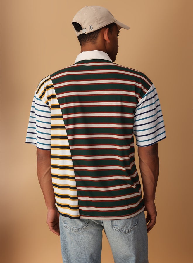 trendyol Multi Color Oversize/Wide Cut Striped Polo Neck T-shirt - Image 4