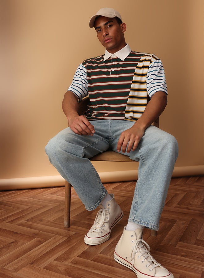 trendyol Multi Color Oversize/Wide Cut Striped Polo Neck T-shirt - Image 1