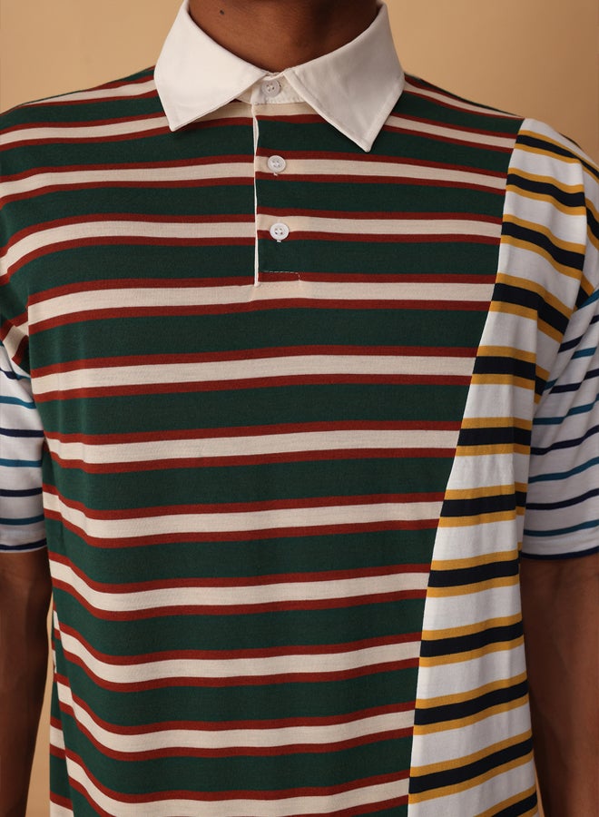 trendyol Multi Color Oversize/Wide Cut Striped Polo Neck T-shirt - Image 3