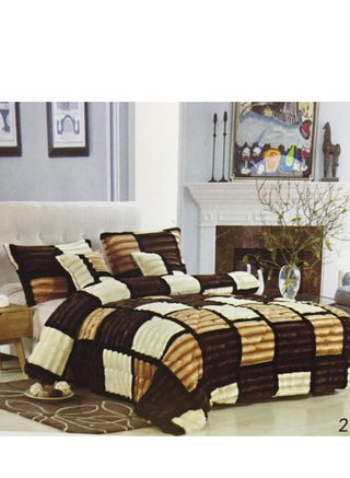 COMFY FAUX FUR 6 PIECE CHECKERED BROWN KING SIZE COMFORTER SET