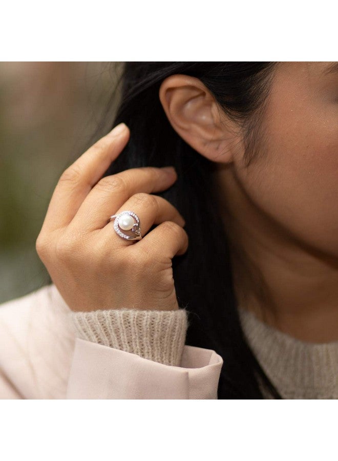 PEORA Freshwater Cultured White Pearl Halo Knot Ring In Sterling Silver 8.5Mm Round Button Shape Comfort Fit Size 9 - Image 3