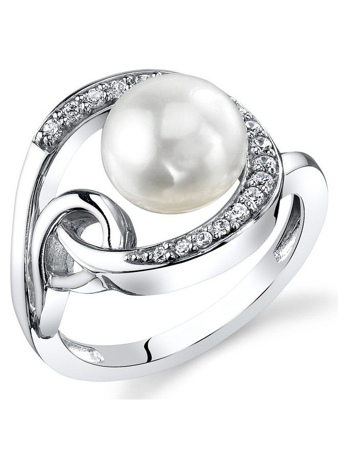 PEORA Freshwater Cultured White Pearl Halo Knot Ring In Sterling Silver 8.5Mm Round Button Shape Comfort Fit Size 9 - Image 1