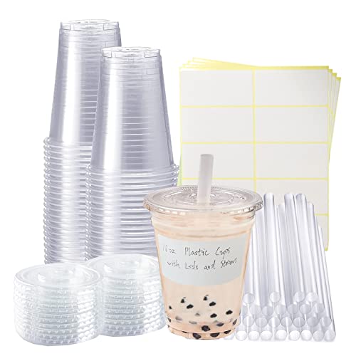 Xlong 50 Sets Clear Plastic Cups With Flat Lids,16oz Disposable Iced Coffee Cups with Straws and Stickers,Plastic Cups for Iced Coffee,Cold Drinks,Juice, Bubble Boba Tea,Smoothie, Milkshake - Image 1