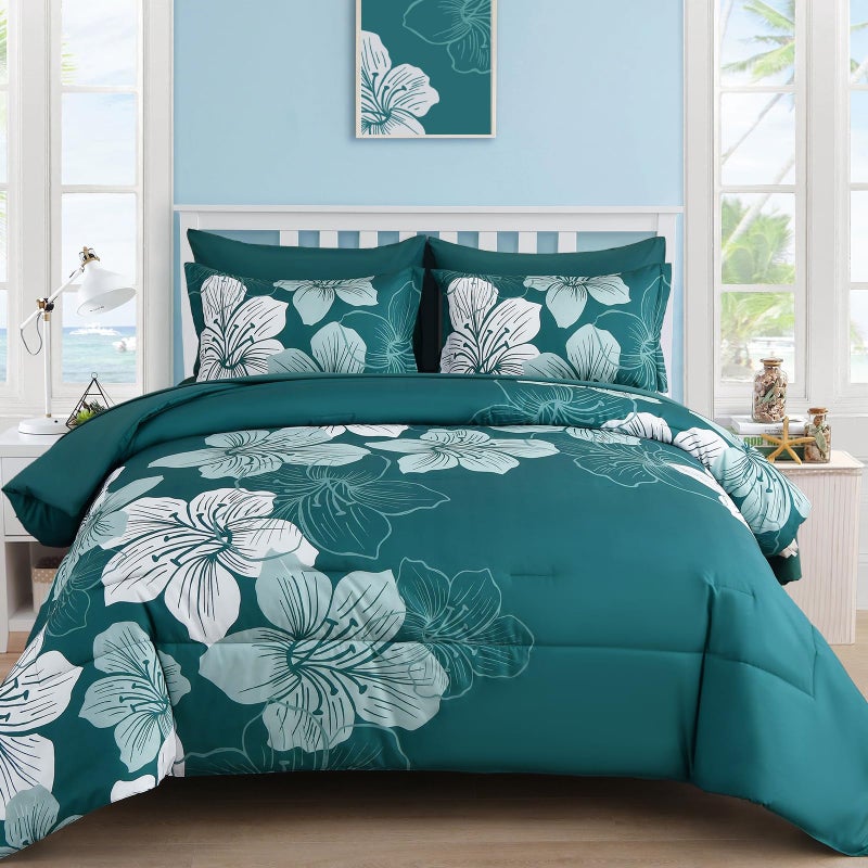 Luxudecor Floral Comforter Set Queen Size  7 Pieces Bed in a Bag Teal Floral Comforter and Sheet Set  Soft Microfiber Teal Blue Complete Bedding Sets for All Seasons - Image 1
